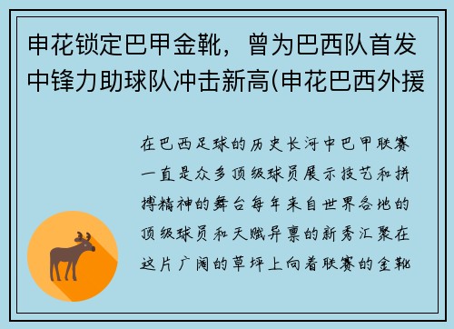 申花锁定巴甲金靴，曾为巴西队首发中锋力助球队冲击新高(申花巴西外援)