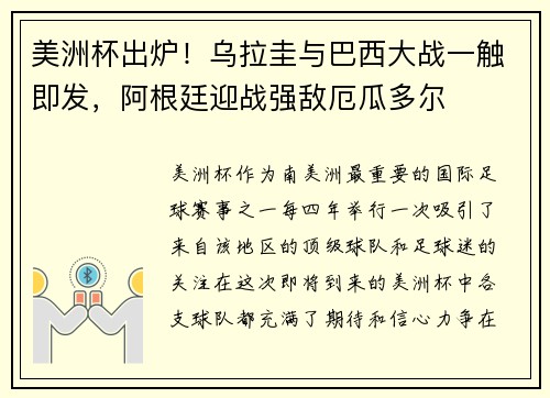 美洲杯出炉！乌拉圭与巴西大战一触即发，阿根廷迎战强敌厄瓜多尔